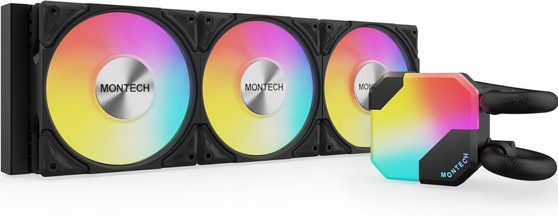 MONTECH HyperFlow ARGB 360 - AIO CPU Liquid Cooler, Intel&AMD Compatible, Chart-Topping Performance, Enhanced 3100RPM Water Pump Design, 3X Metal Pro 12 ARGB Ultimate Cooling Fans - Black - Image 1